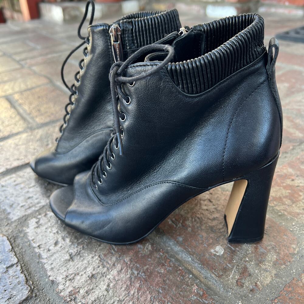 Vince Camuto Cleia Bootie 7.5 Black Leather Lace Up Open Toe Block Heel Ankle